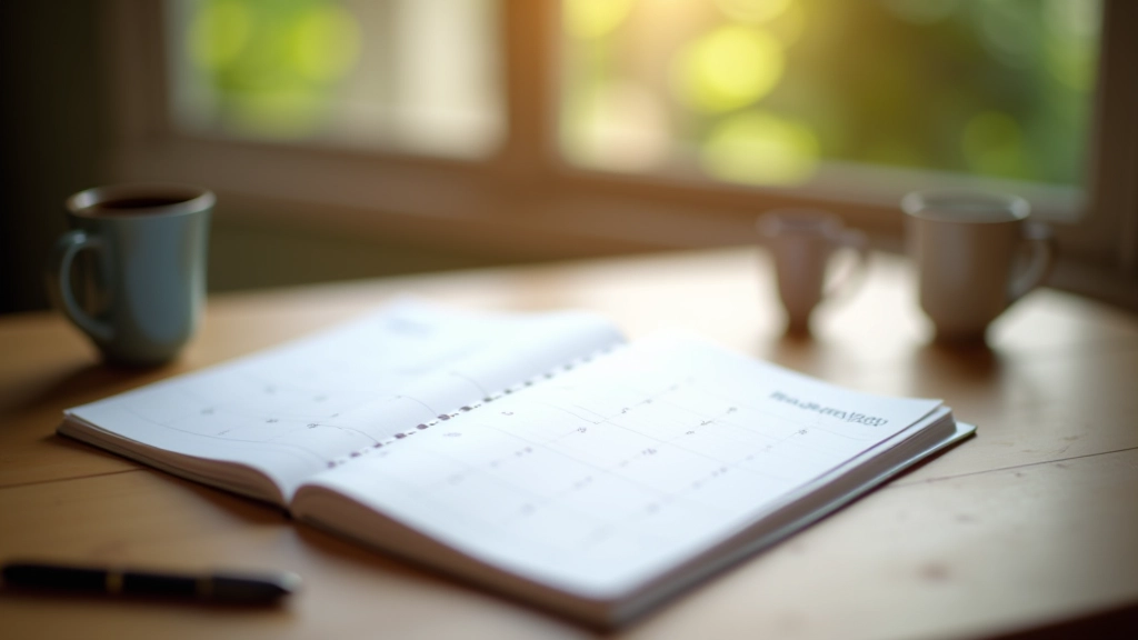 Calendario y planificador abierto en una mesa con anotaciones de horarios de visita, lápiz y taza de café