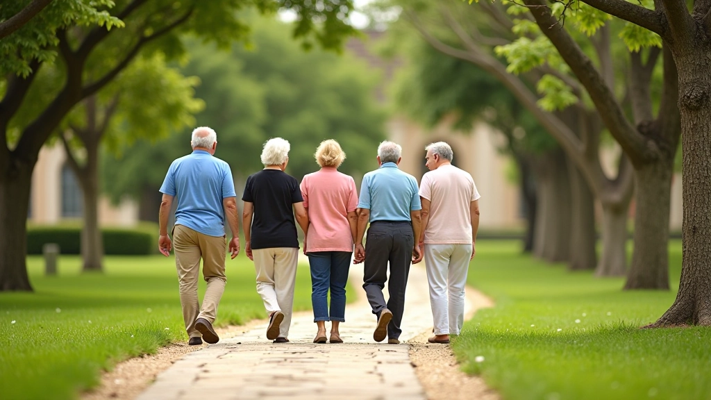 Grupo de personas mayores caminando juntas en un sendero del jardín histórico