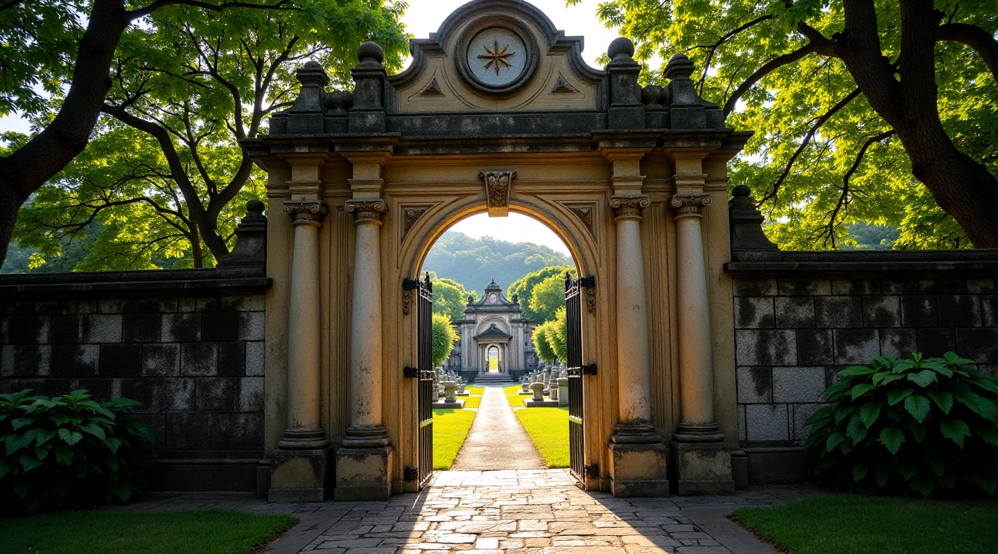 Entrada histórica al cementerio con jardines y arquitectura colonial