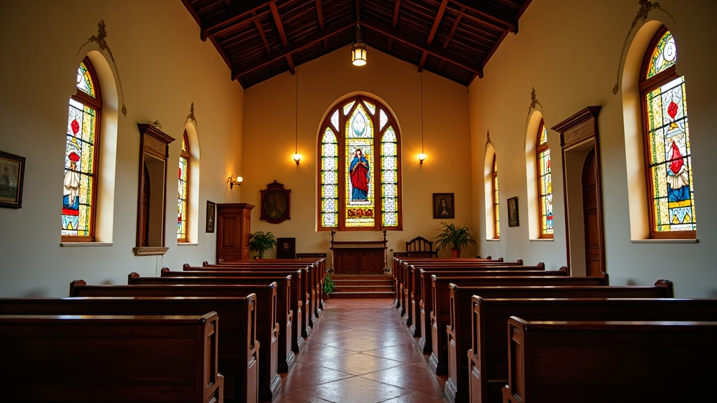 Detalle de capilla colonial con vitrales y arquitectura religiosa del siglo diecinueve
