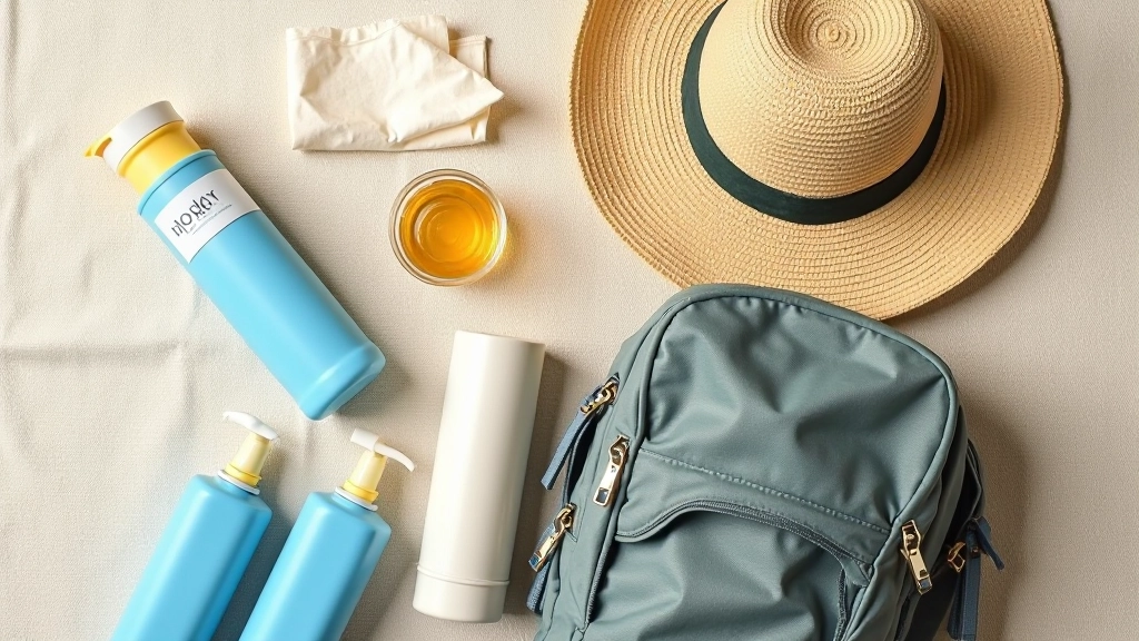 Mochila abierta con botellas de agua, sombrero, bloqueador solar, pañuelos y una pequeña linterna sobre una tela de fondo natural