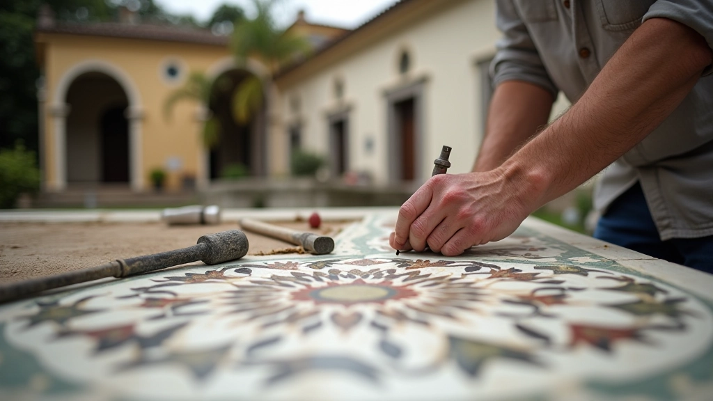 Detalles de restauración: trabajador restaurando mosaicos y detalles de mármol en mausoleo histórico