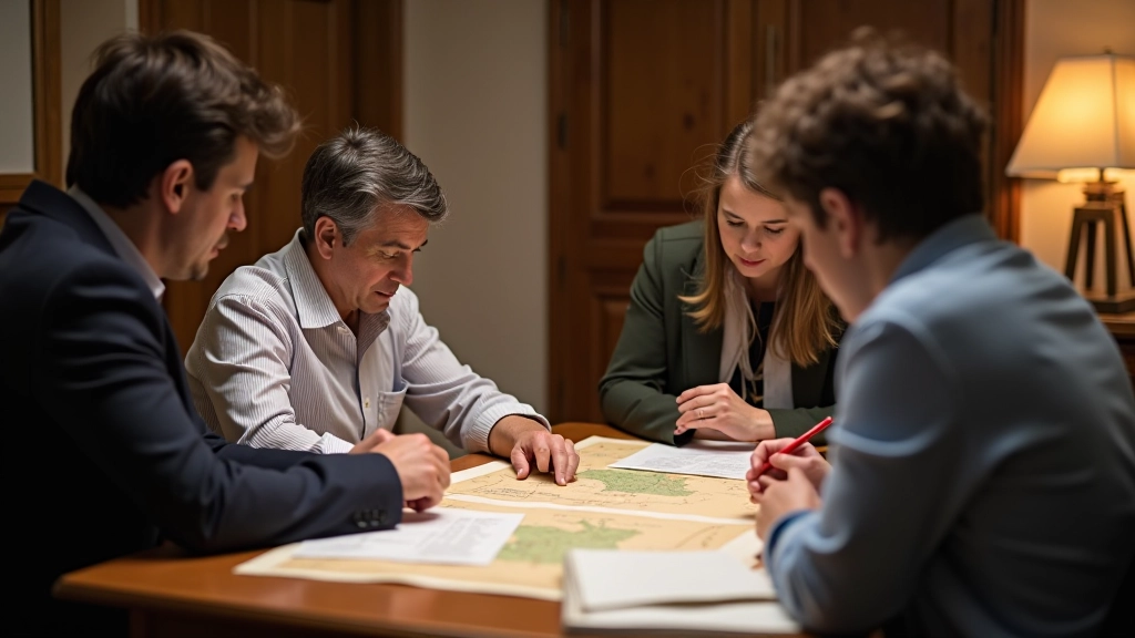 Equipo revisando mapas y documentación histórica del cementerio en mesa de trabajo