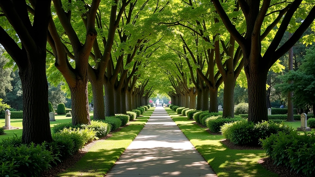 Sendero arbolado dentro de los jardines del cementerio con árboles centenarios