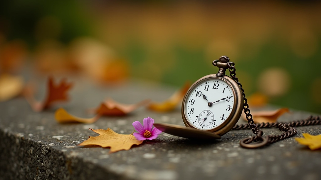 Reloj de bolsillo vintage sobre una piedra del cementerio con flores y hojas de otoño alrededor